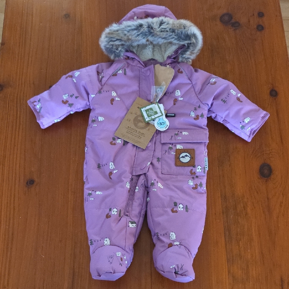 Souris Mini 6-9 Months NEW Purple Hooded Baby Waterproof Snowsuit with Fur Trim - Picture 1 of 14